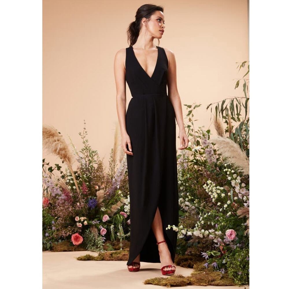 Dress The Population Ariel Racerback Faux Wrap Crepe Gown Nwot